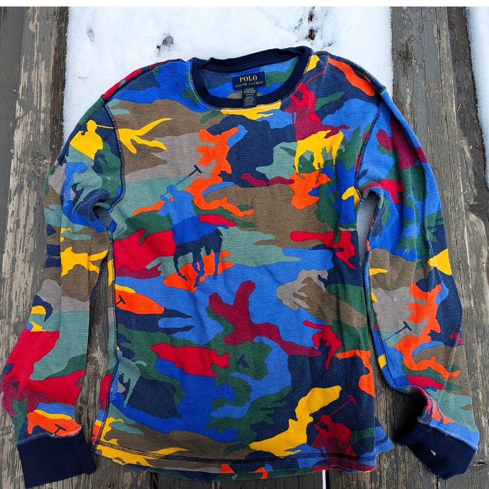 Polo Ralph Lauren Big Pony Waffle Knit Thermal Long Sleeve Camo Colorblock M - Picture 4 of 5